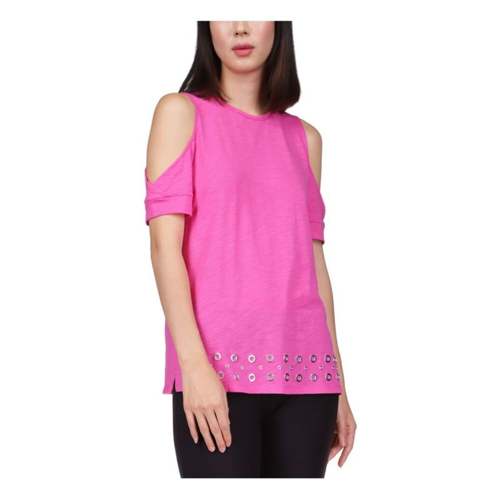 MICHAEL MICHAEL KORS Womens Pink Embellished Short Sleeve Crew Neck Top XS